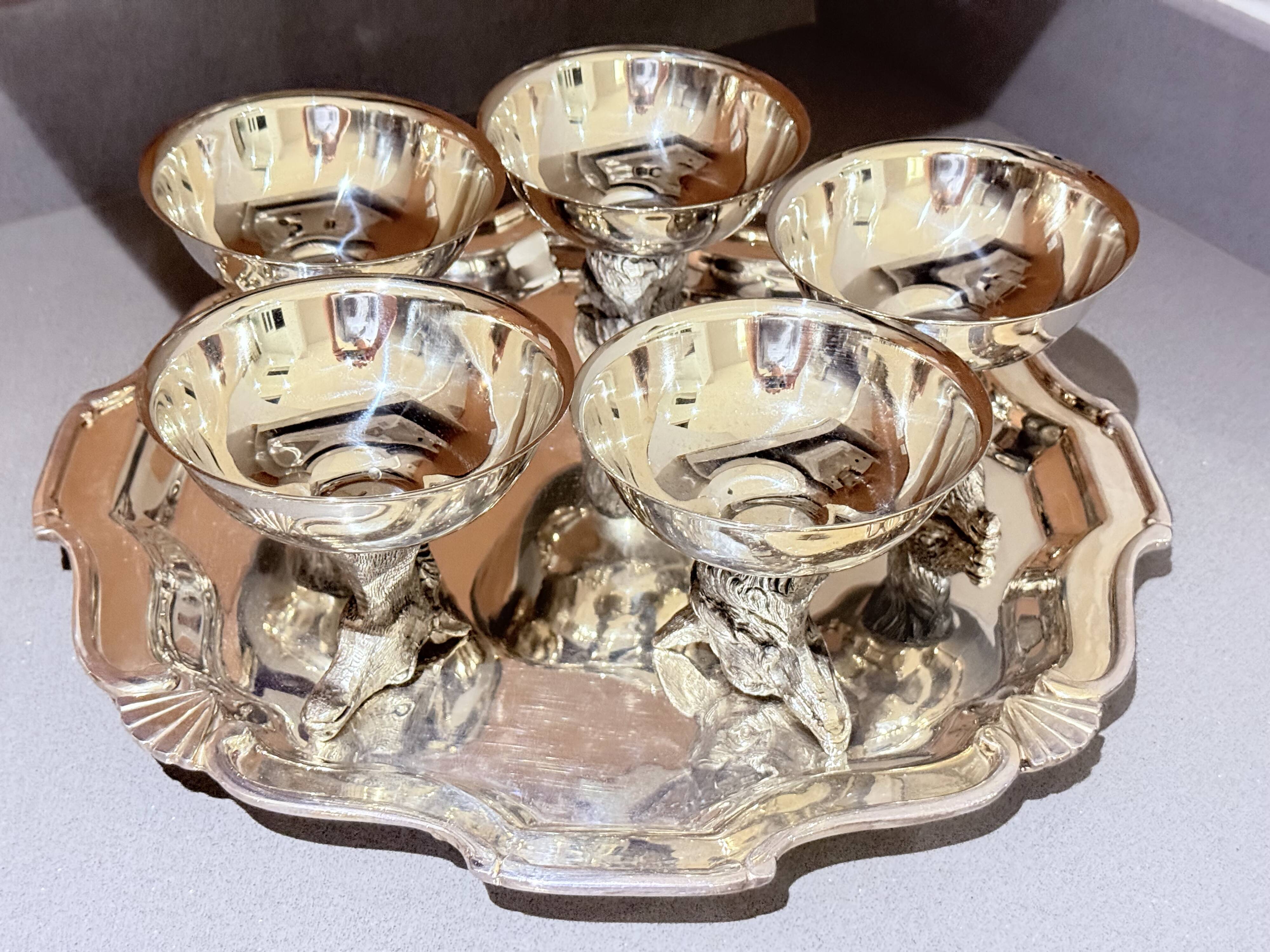 Italian Silver-Plated Animal Head Liqueur Cups with Matching Serving Tray Set 6