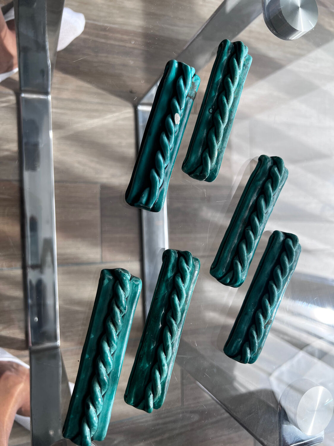 6 vintage green ceramic cupboard holders