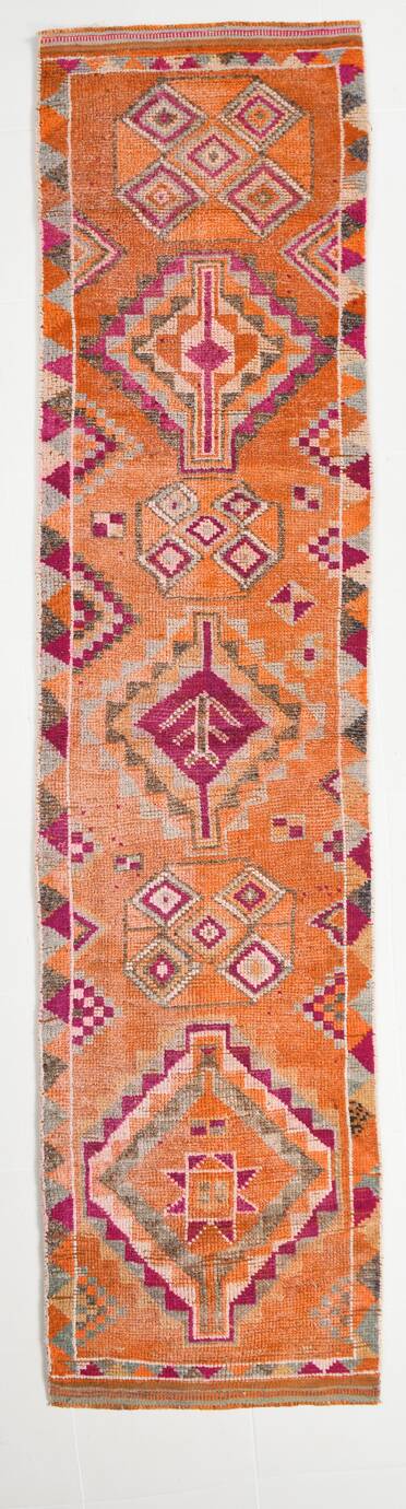 Tapis Kilim Vintage Orange et Rose, Motifs Géométriques, 77x326 Cm