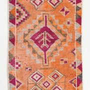 Tapis Kilim Vintage Orange et Rose, Motifs Géométriques, 77x326 Cm