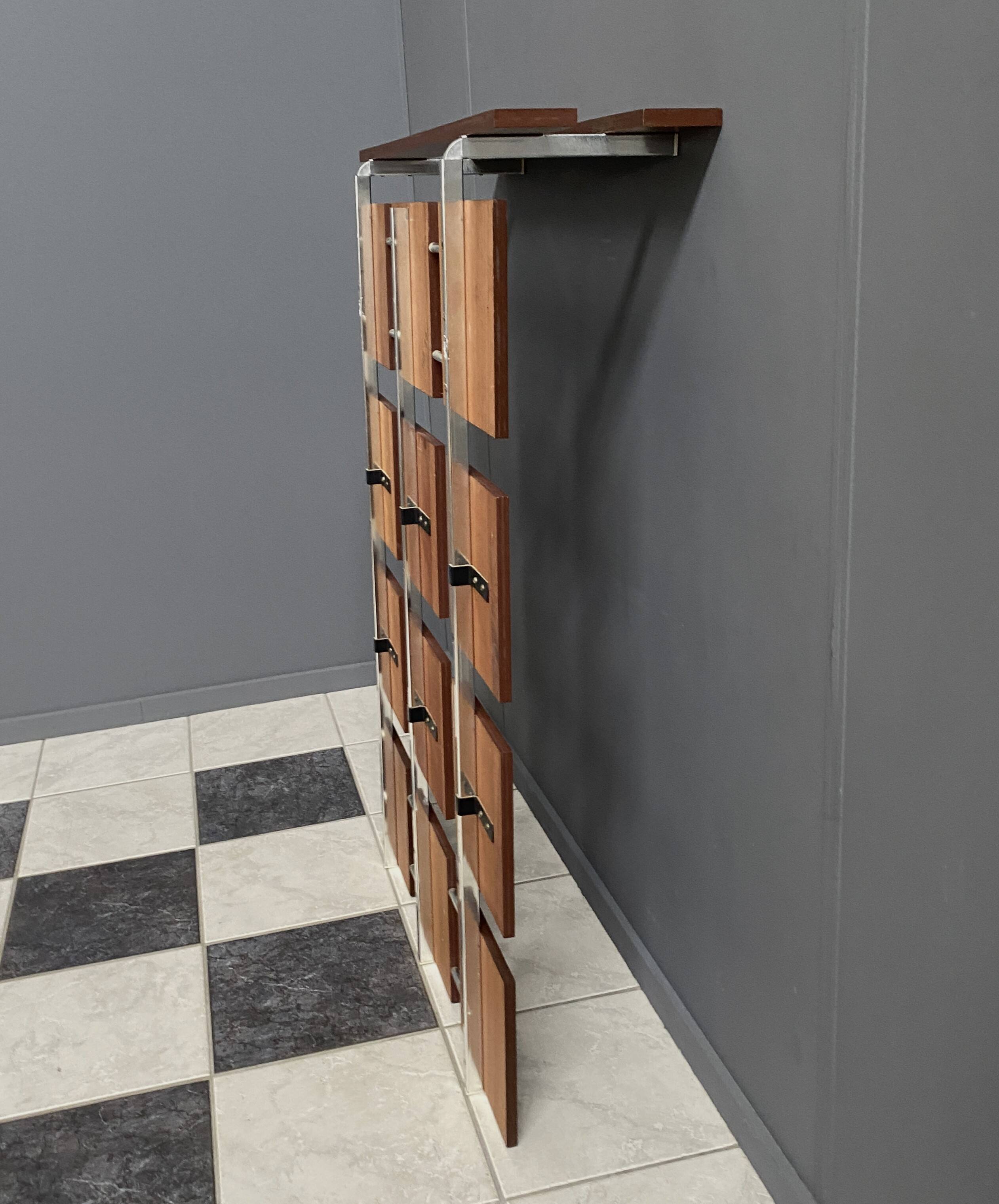 Coat rack wall unit in palisander wood veneer and chrome 1960s