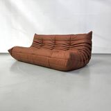 Canapé Togo français en cuir de vachette épais couleur cognac, signé Michel Ducaroy pour Ligne Roset