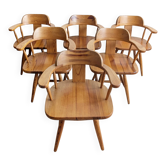 Ensemble de 6 chaises de salle à manger en bois de pin par Asko Finlande 1970