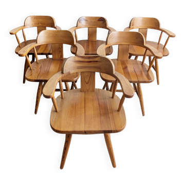 Set of 6 pine wood dining chairs by Asko Finland 1970s
