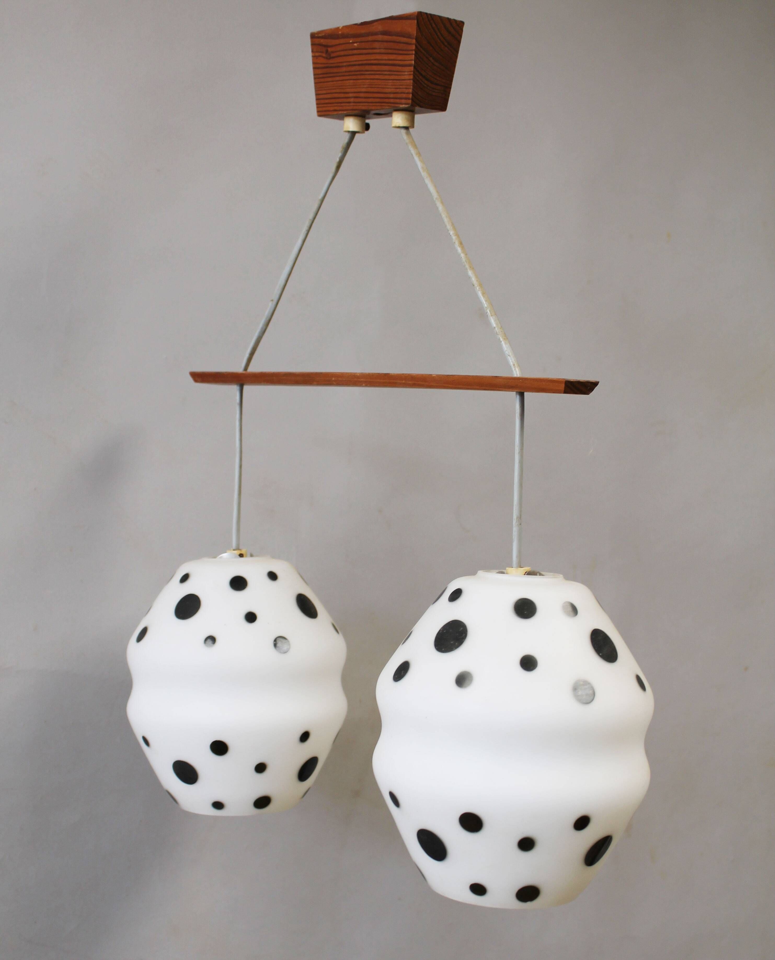 Vintage 1960s Czech Double Pendant Light with Black & White Opaline Glass