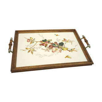 Wooden and pottery tray with flowers vintage