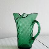 Green blown glass pitcher, unique twisted design
