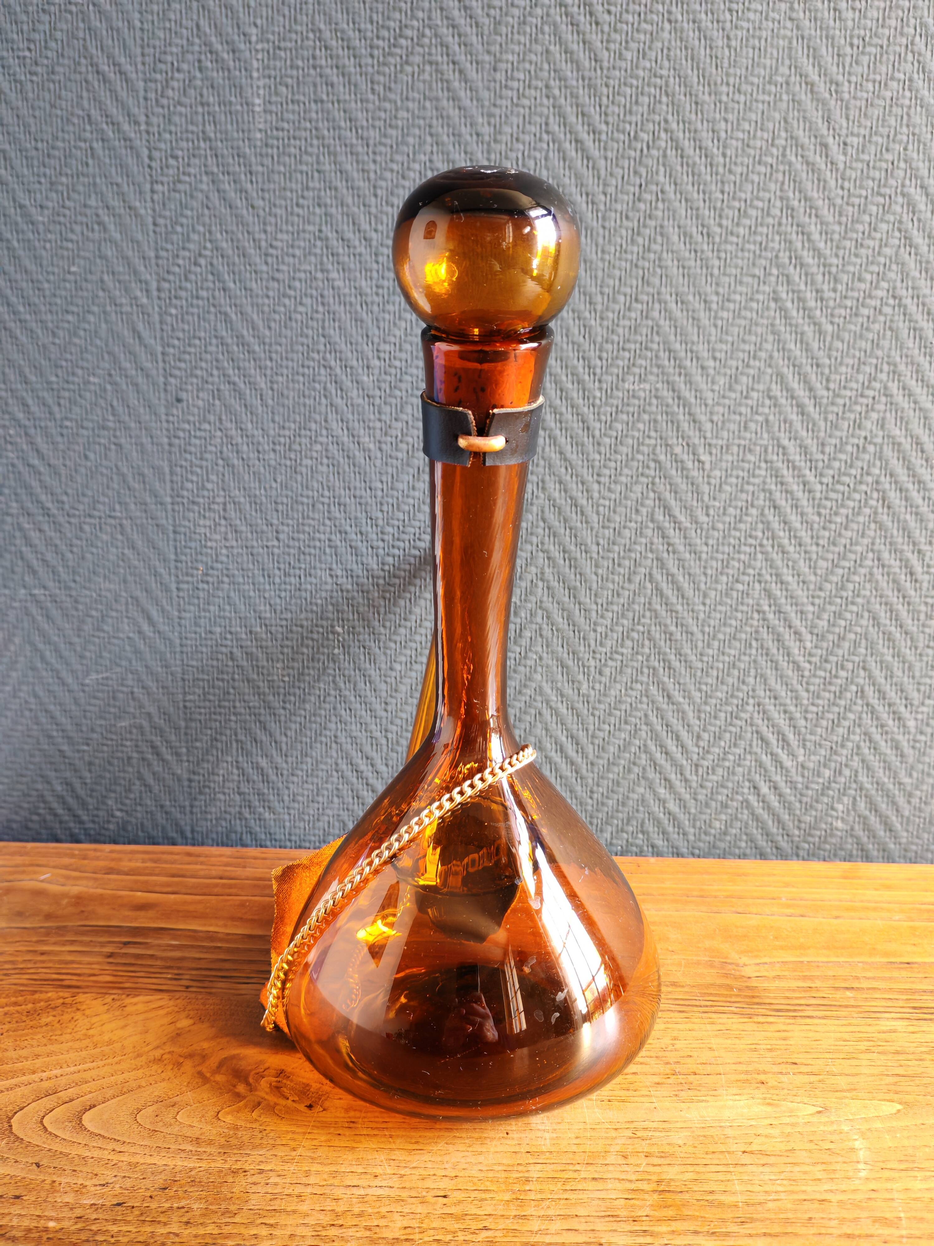 Vintage Amber Glass Wine Carafe - Artisan Decanter in Porron Style