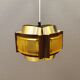 Danish hanging lamp, made in brass colored and brown metal, with yellowish hard pressed plastic deta