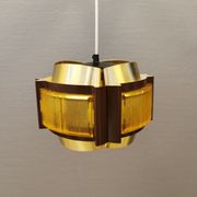 Danish hanging lamp, made in brass colored and brown metal, with yellowish hard pressed plastic deta