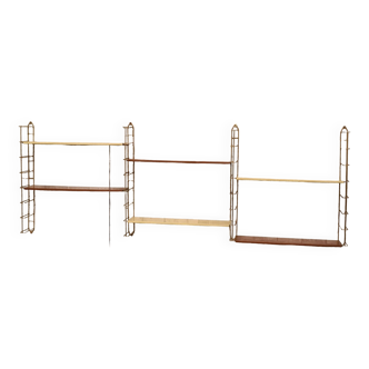 Large tomado style metal shelf 2 tones faux wood 4 chrome gold uprights 187x67hx17