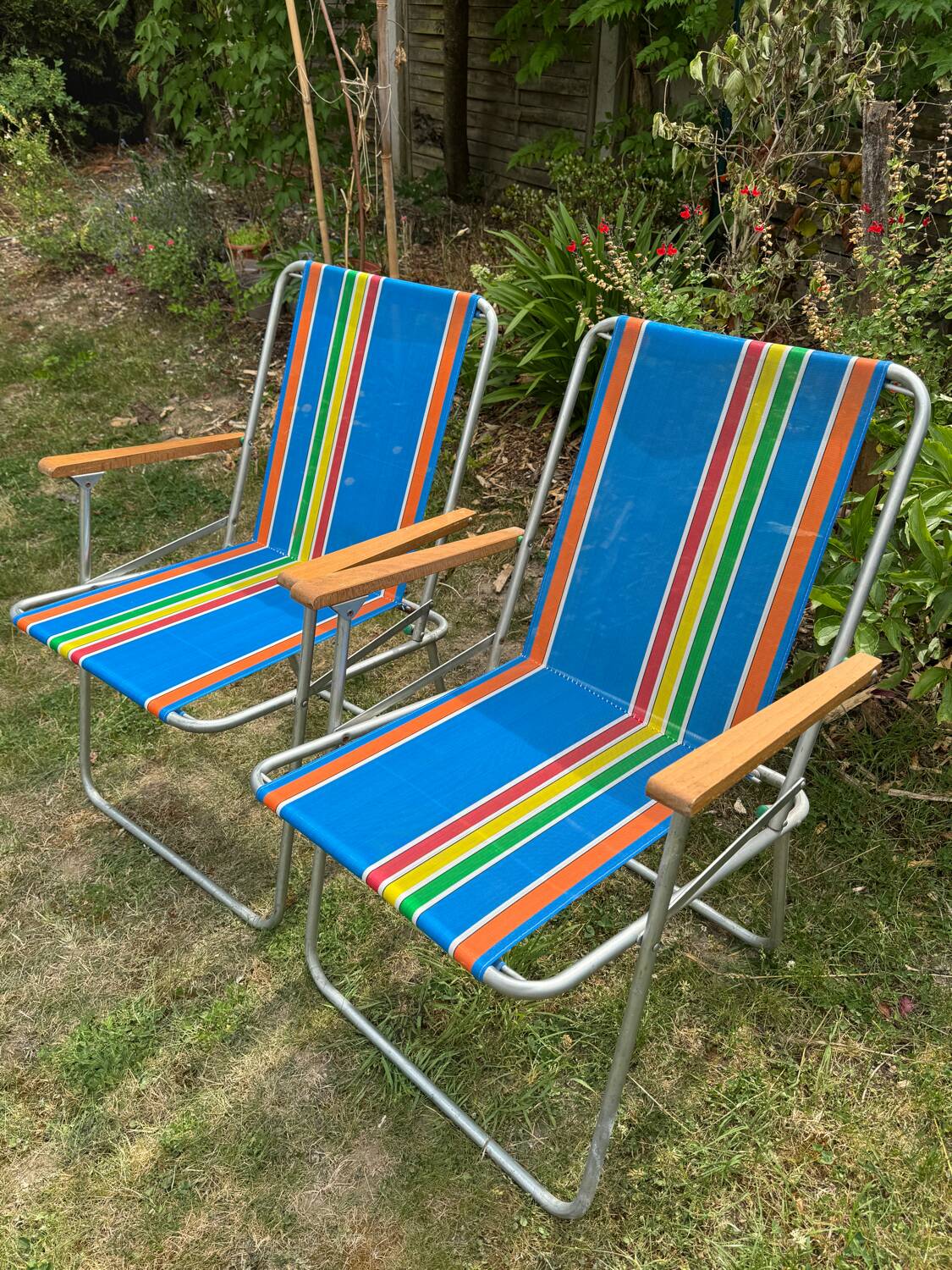 Pair of vintage nylon canvas folding garden armchairs