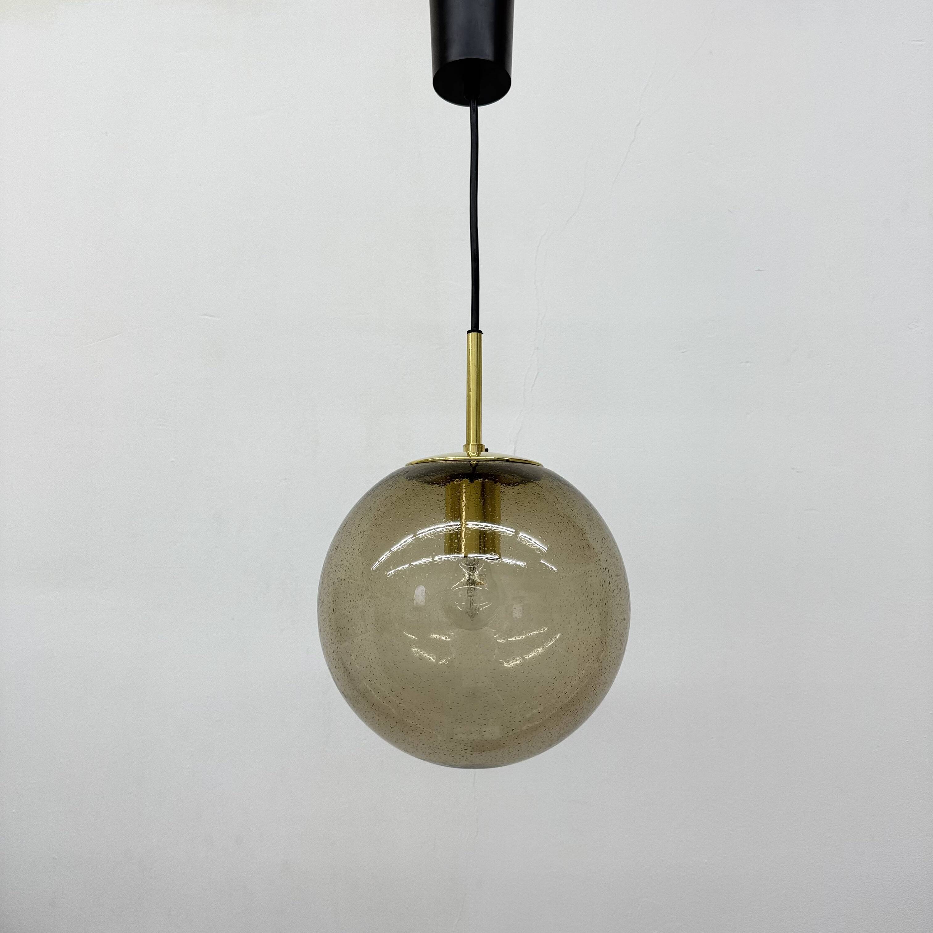 Limburg Glashütte brass smoked glass ball pendant hanging lamp , 1970s
