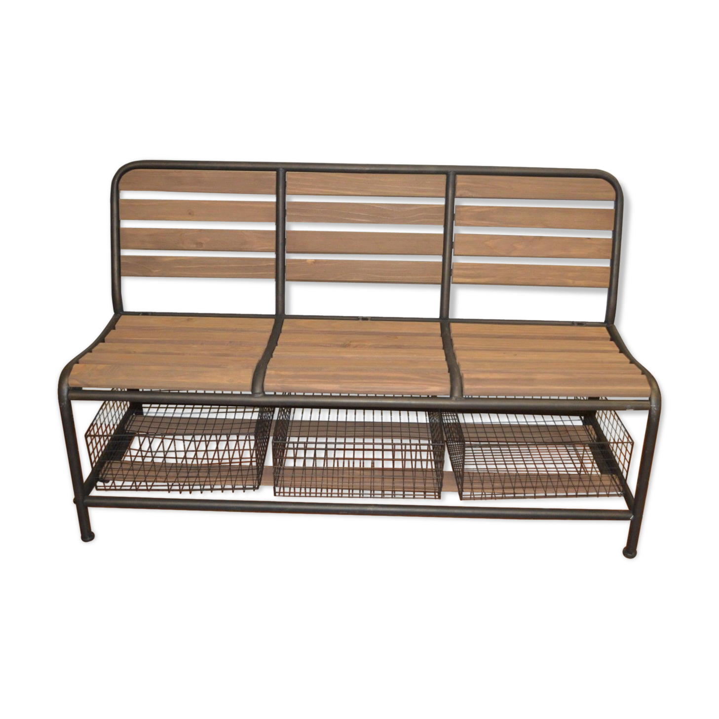 Banc en fer et bois avec des bacs de rangement