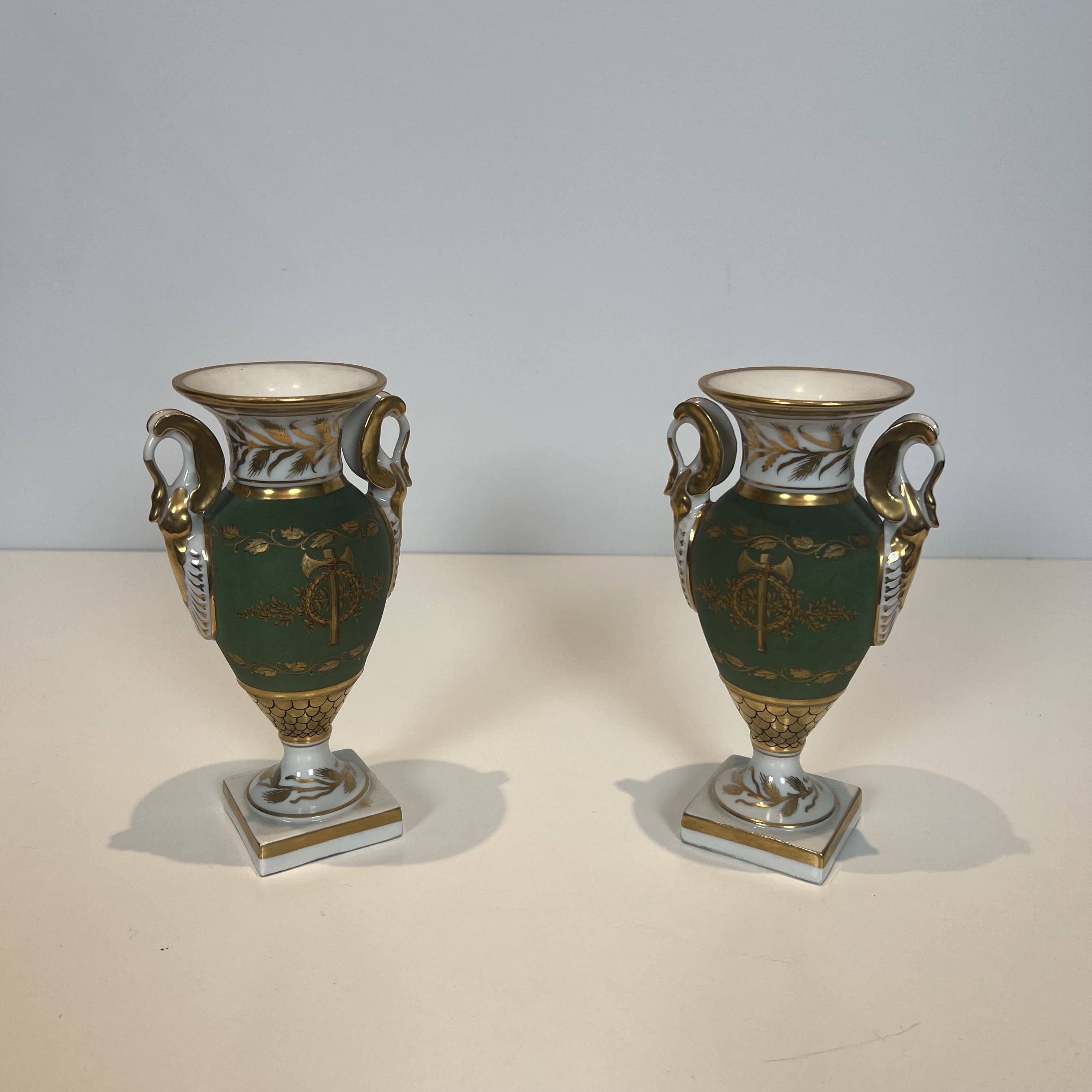 Pair of Empire Style Porcelain Vases, Decorated with Swans and Bundles