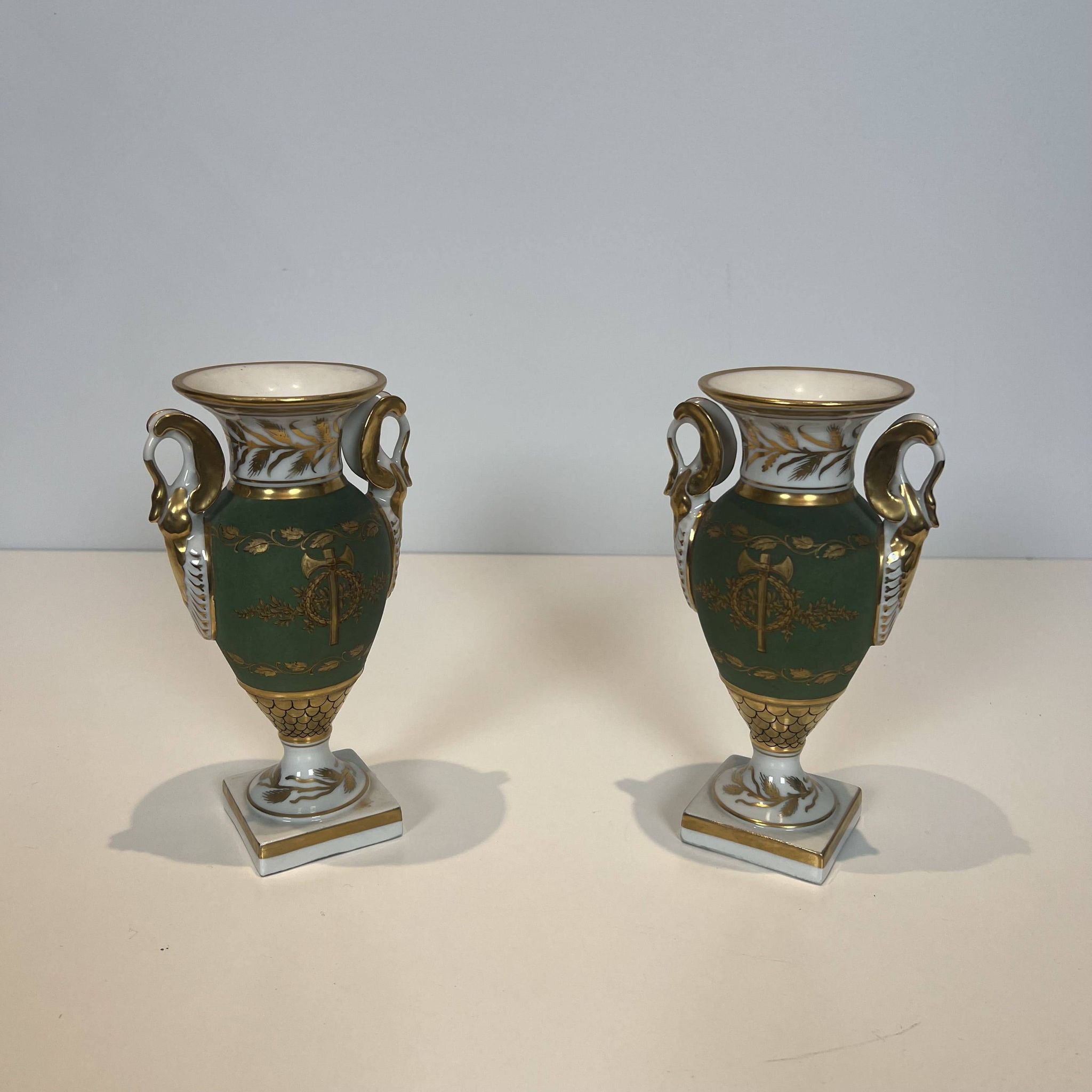 Pair of Empire Style Porcelain Vases, Decorated with Swans and Bundles