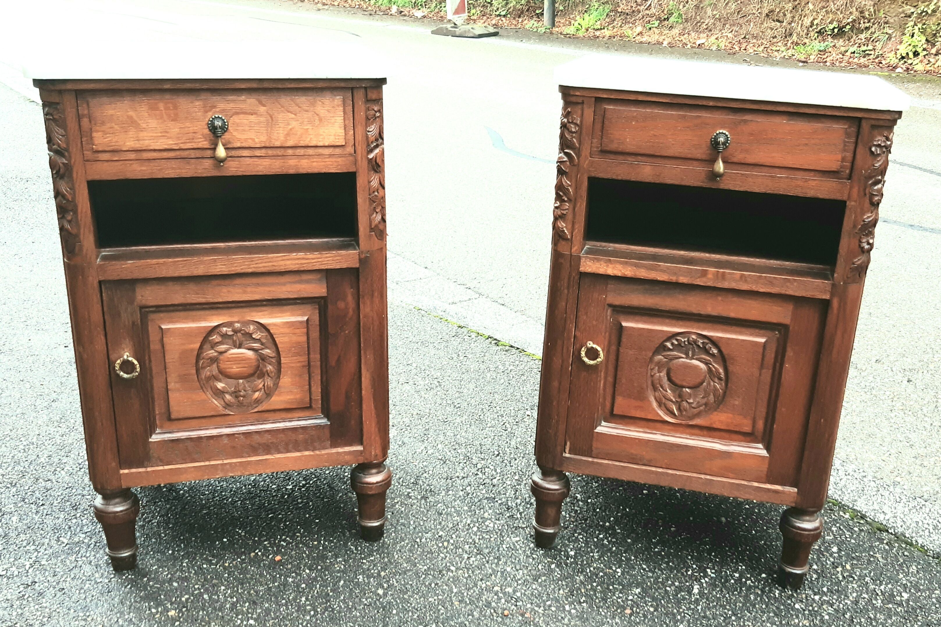 Solid oak and marble bedside tables