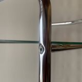 Pedestal table, vintage chrome steel saddle with 2 round windows