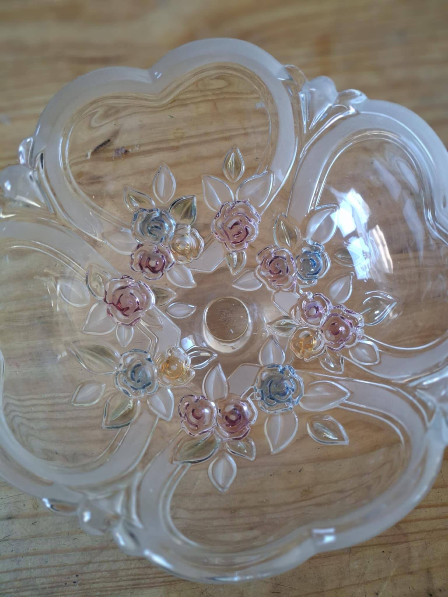 Crystal footed bowl - heart and flower