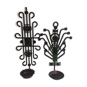 Vintage wall-mounted candlesticks in wrought iron and with hard pressed colored glass