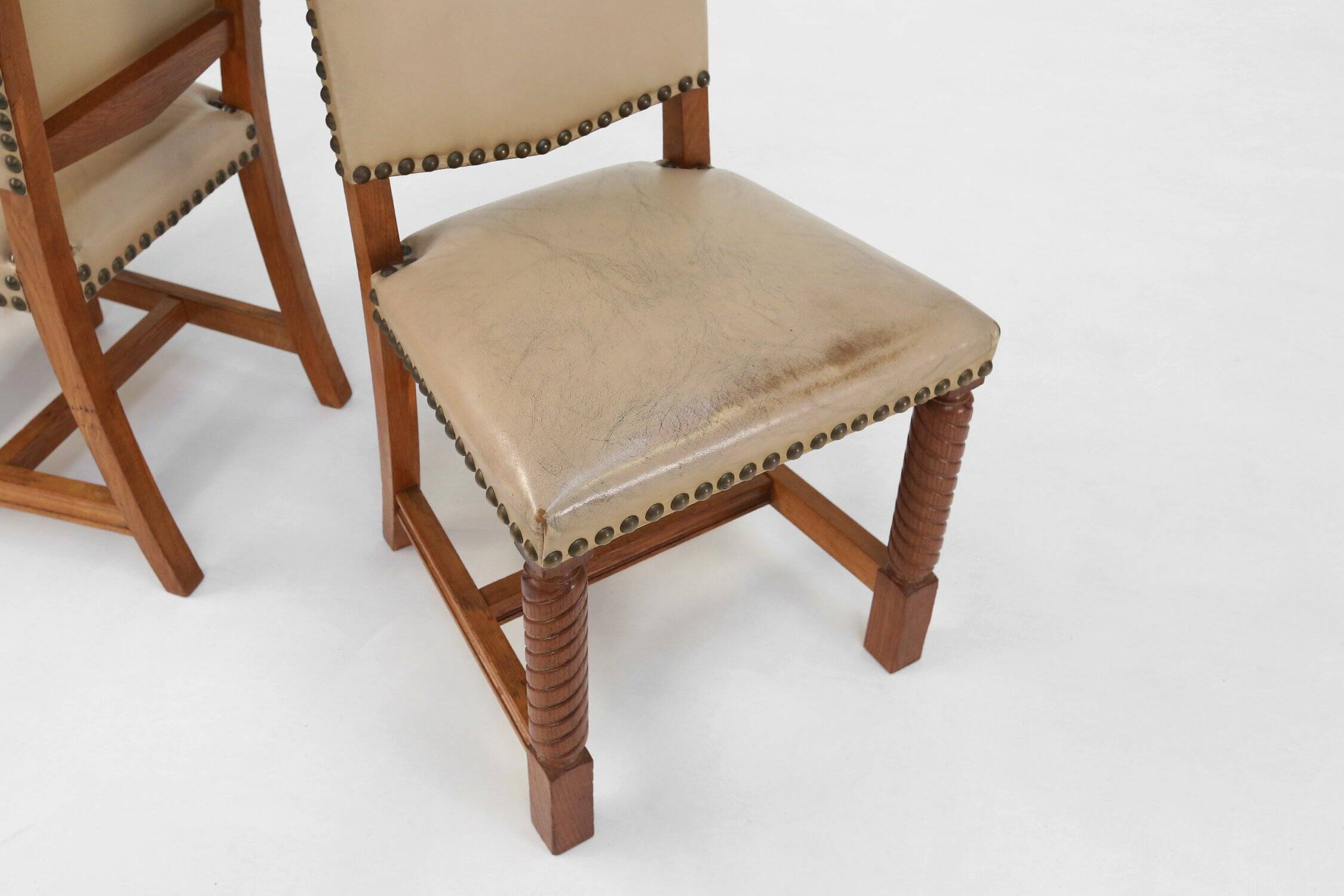 Art Deco Dining Room Chairs in Oak and Leather, 1940s, Set of 8