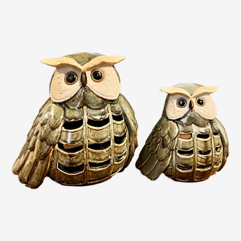 Vintage japanese ceramic owls, candle lanterns, set of 2 owls. hand crafted and handpainted
