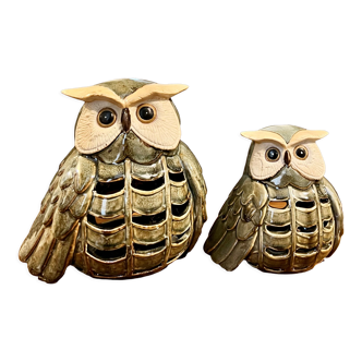 Vintage japanese ceramic owls, candle lanterns, set of 2 owls. hand crafted and handpainted