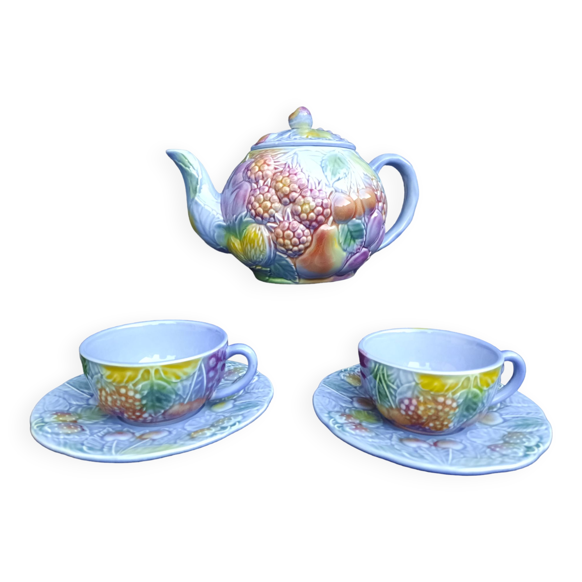 Tea set, tête-à-tête, teapot + 2 cups and sub-cups, Salins earthenware, slip, TBE.