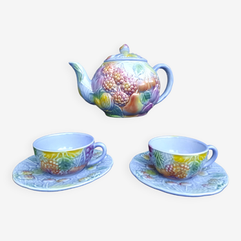 Tea set, tête-à-tête, teapot + 2 cups and sub-cups, Salins earthenware, slip, TBE.