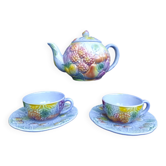 Tea set, tête-à-tête, teapot + 2 cups and sub-cups, Salins earthenware, slip, TBE.