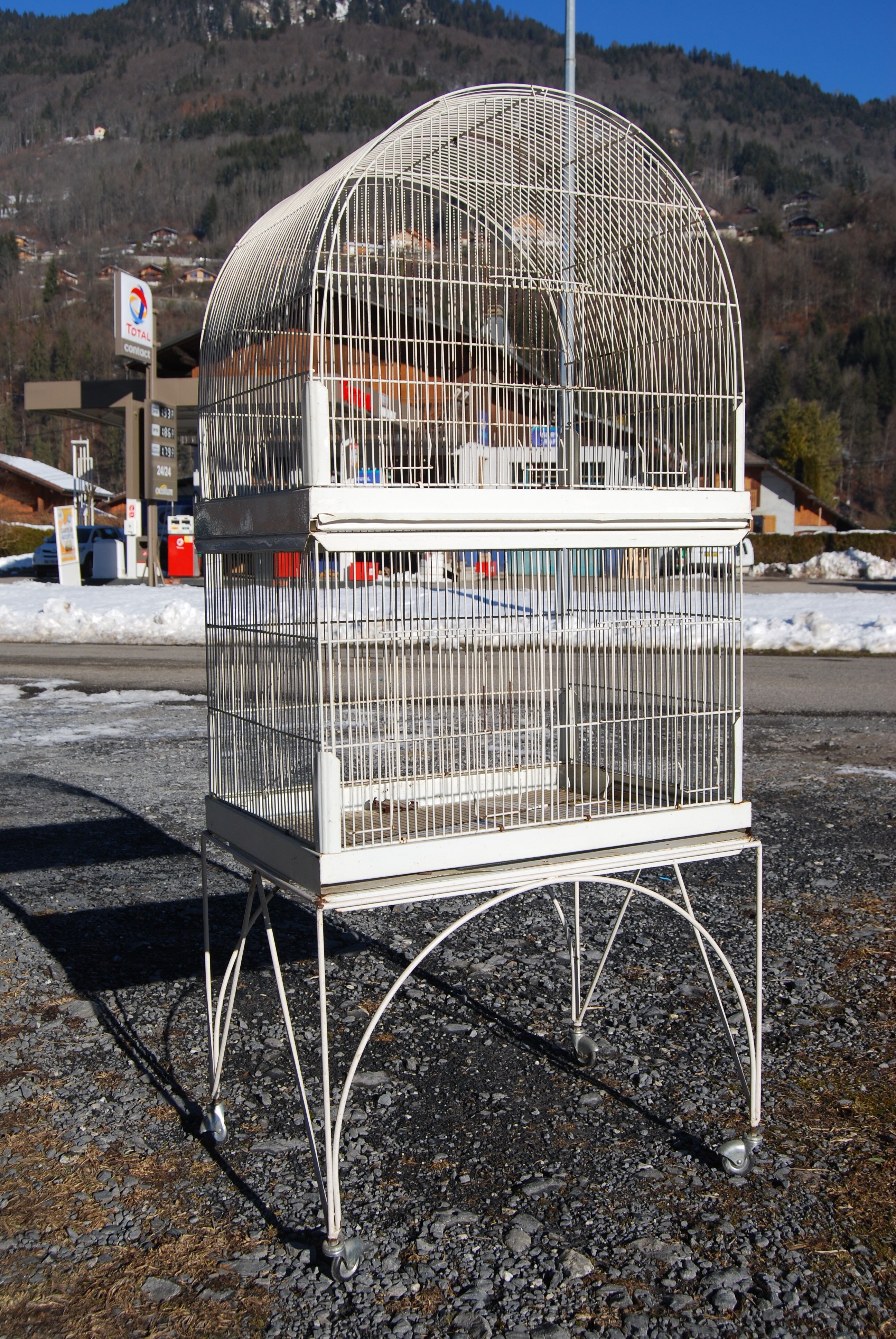 Vintage aviary, foot cage on wheels 147x67x49cm.