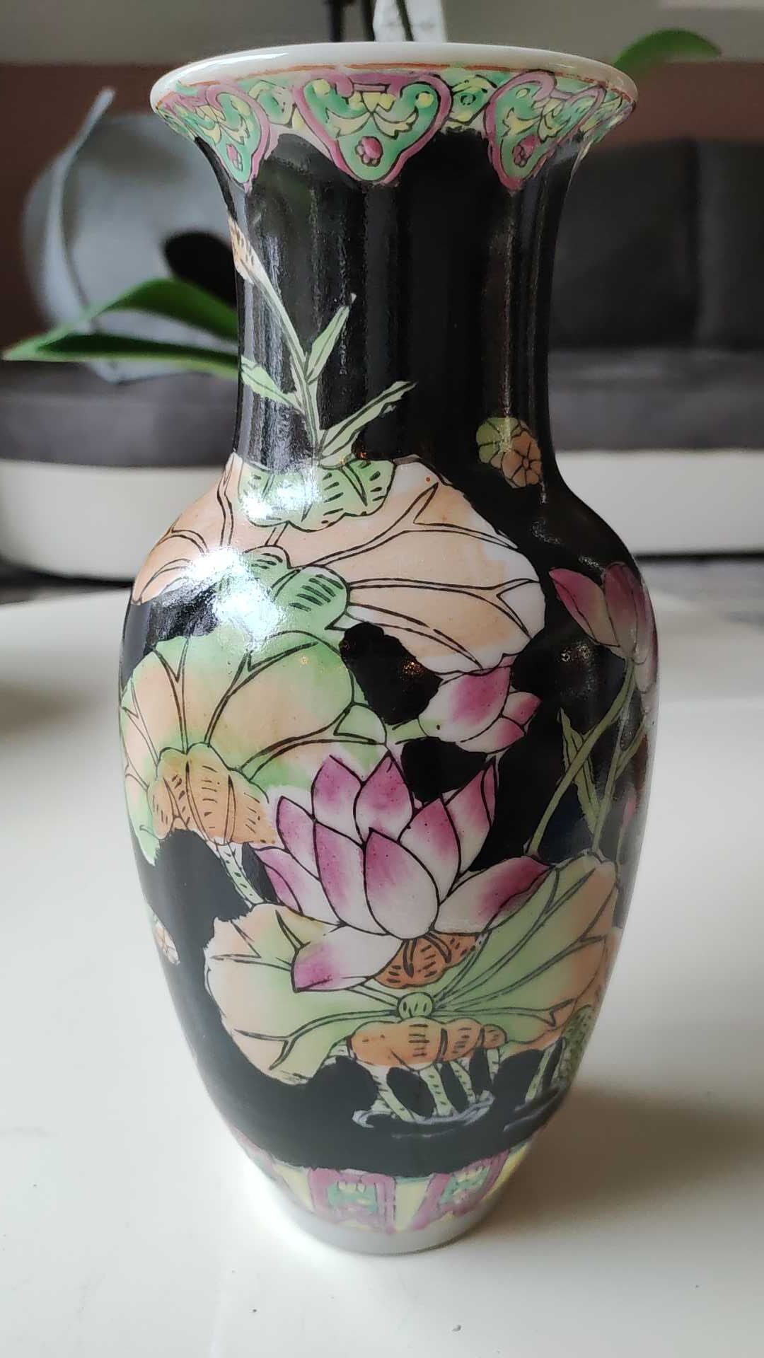 Vintage Asian/Chinese baluster vase, glazed ceramic - floral motifs/Exotic birds