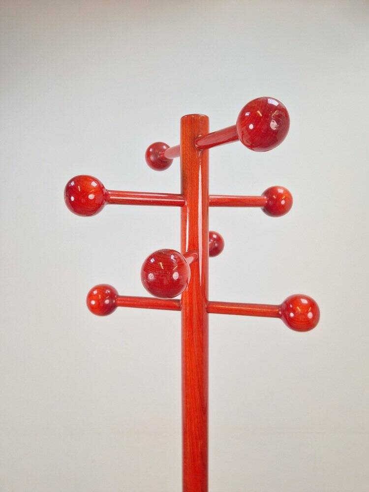 Postmodern Red Stained Beech Coat Rack with Balls, Italy, 1970s