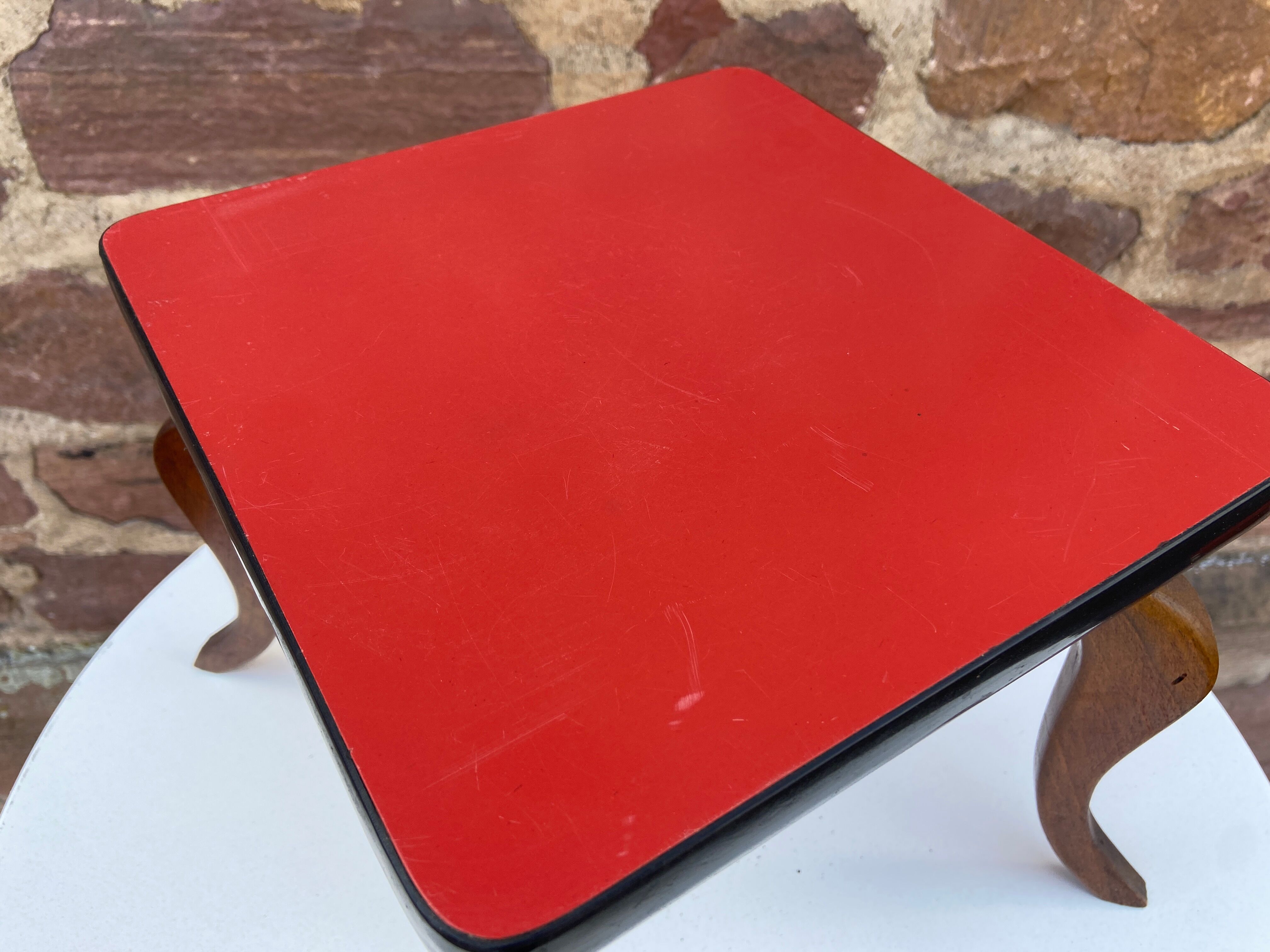 Formica pedestal table, small vintage Scandinavian coffee table, plant stand