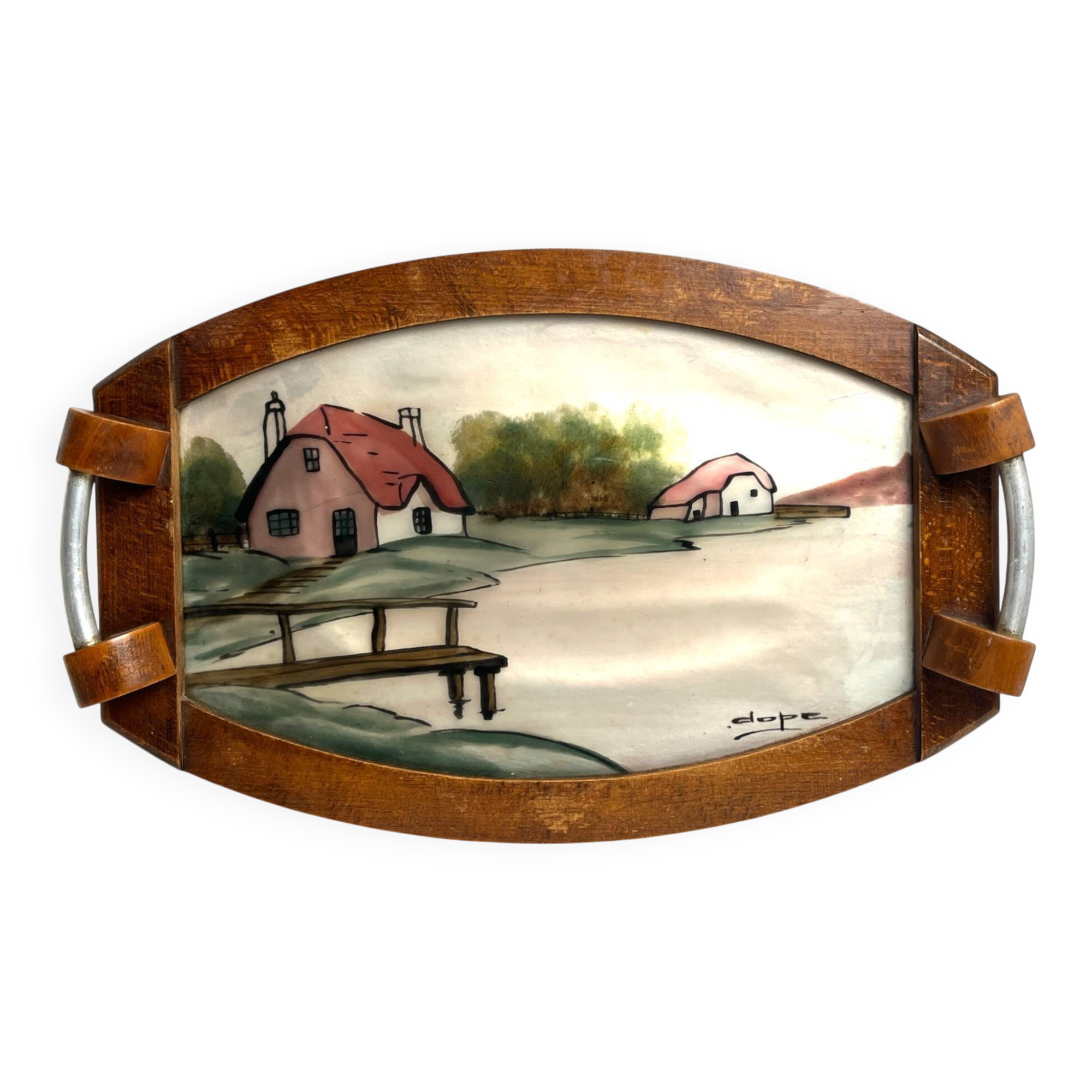 Art Deco, painted glass top, wooden frame, signed Dope, circa 1930
