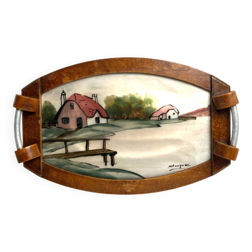 Art Deco, painted glass top, wooden frame, signed Dope, circa 1930