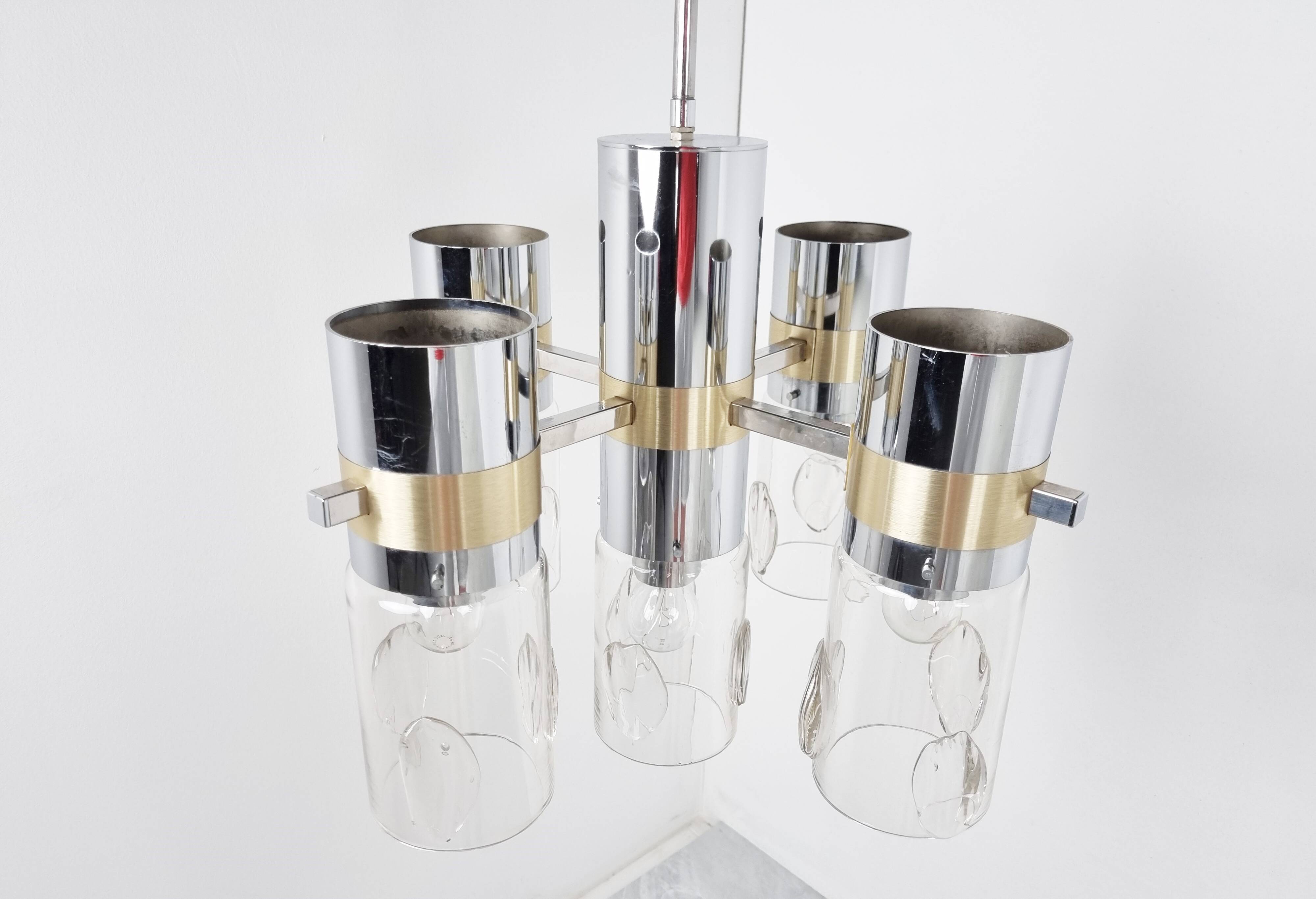 Vintage italian glass and chrome chandelier, 1970s