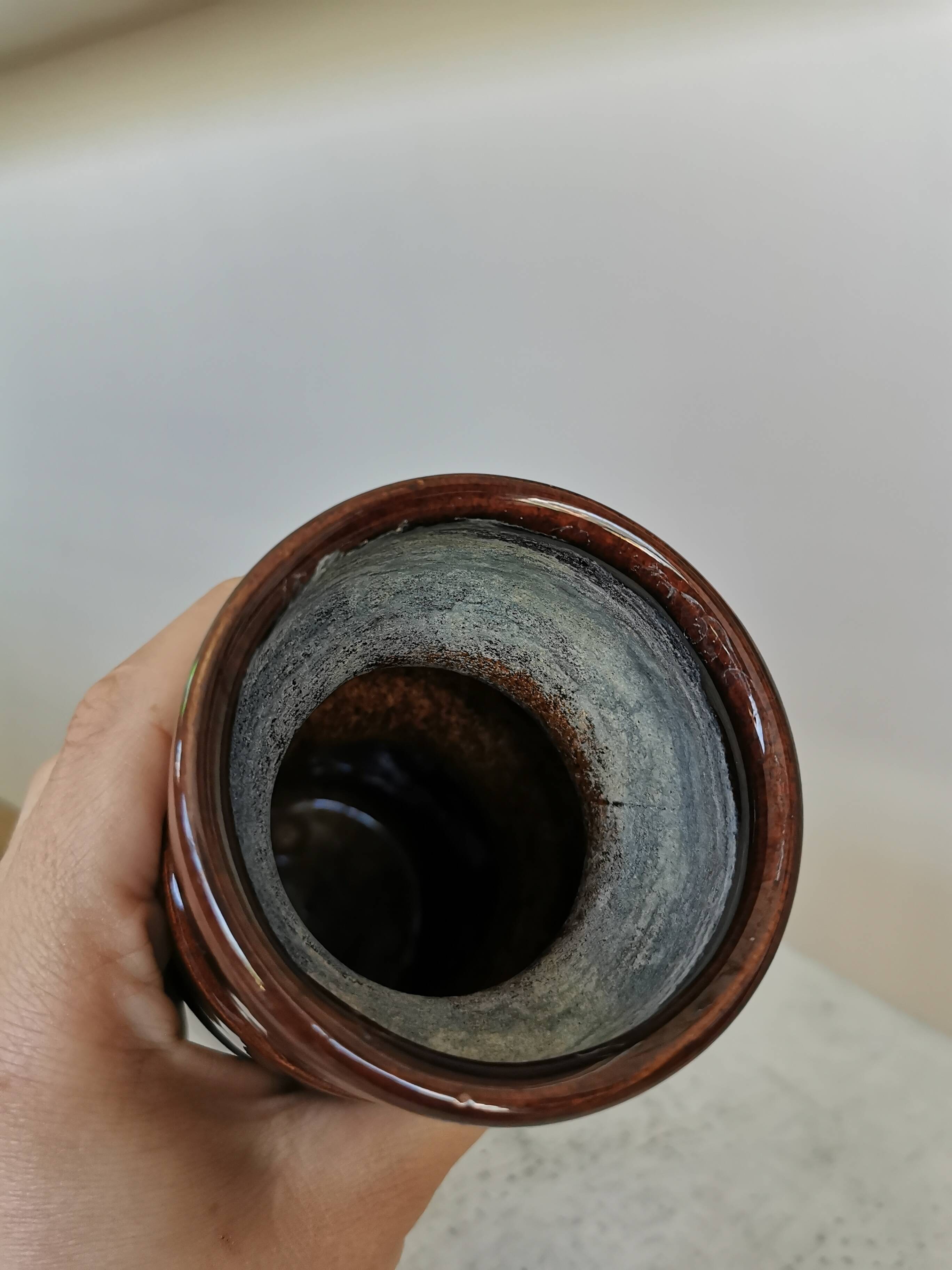 Mid-Century Modern Ceramic Vase: Glossy Brown West German Style, 6.3" Tall