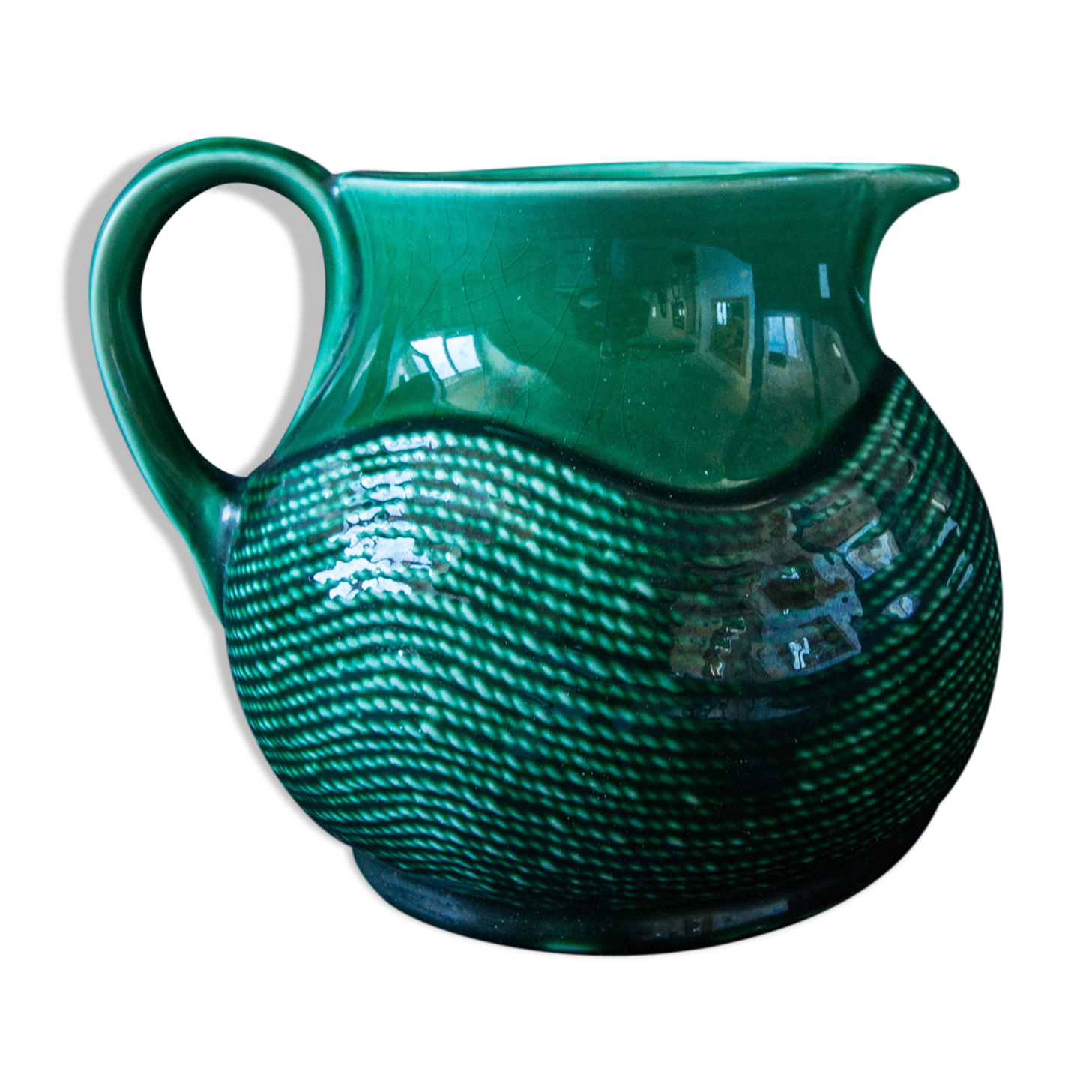 Green pitcher Sarreguemines Digoin vintage 60s slip