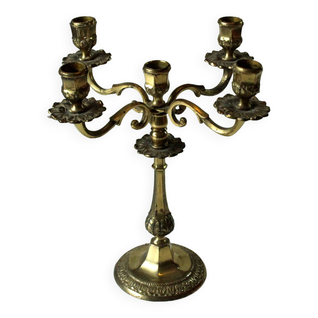 Candélabre Ancien 3 Lumières En Laiton Et Marbre, Girandole Vintage 1950