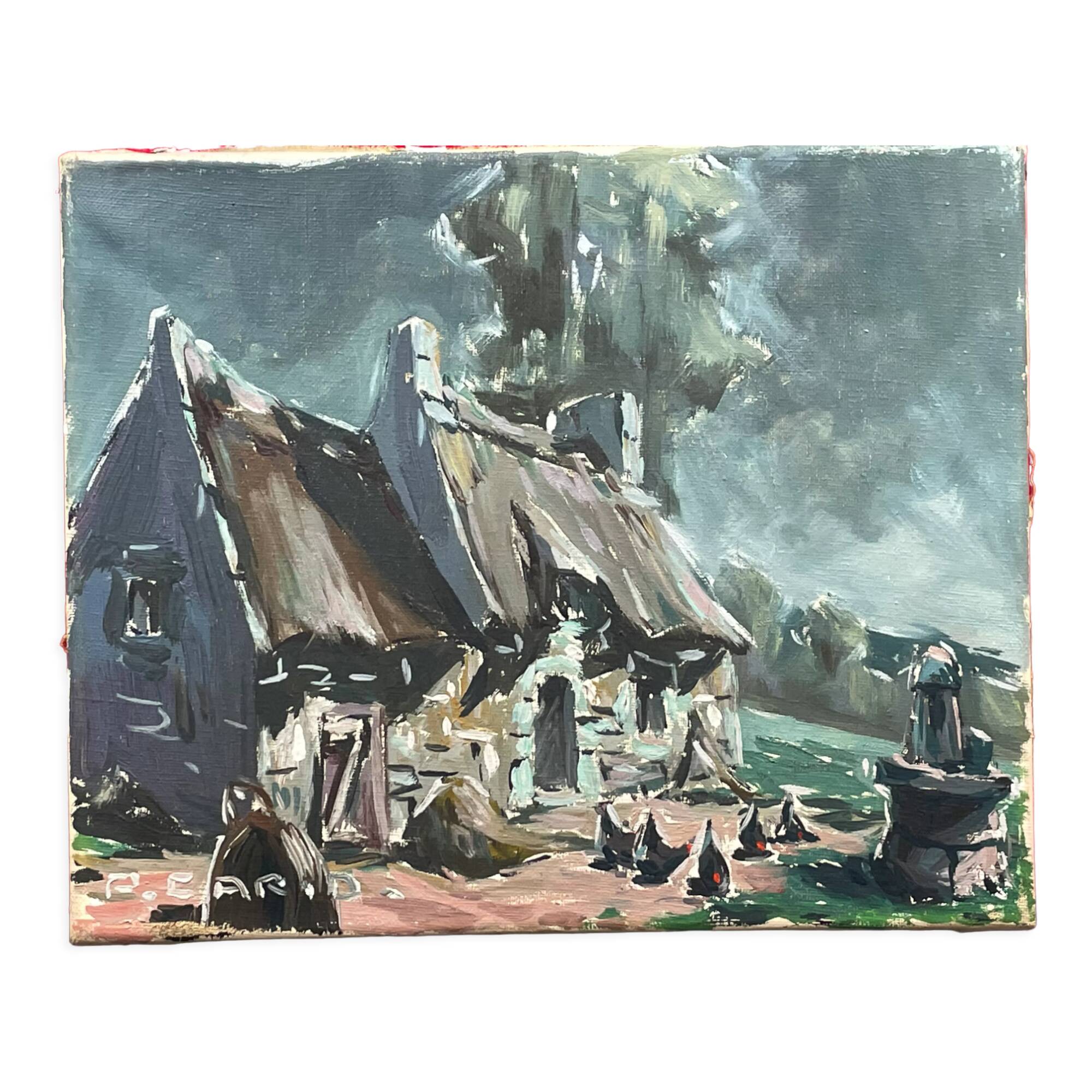 Huile sur toile ferme bretonne avec puits par P. Cario