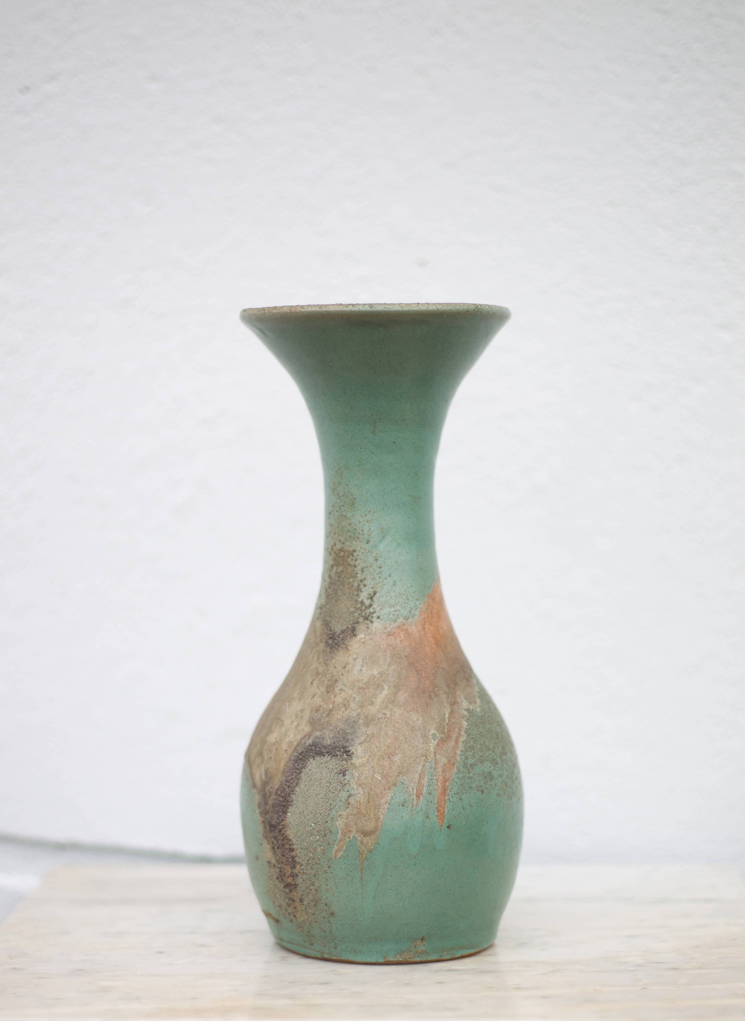 Vintage vase, raku style baluster vase, large neck vase, cetadon green ceramic vase