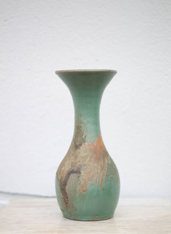 Vase vintage, vase balustre style raku, vase grand col, vase céramique vert céladon