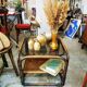 Side table in rattan and smoked glass