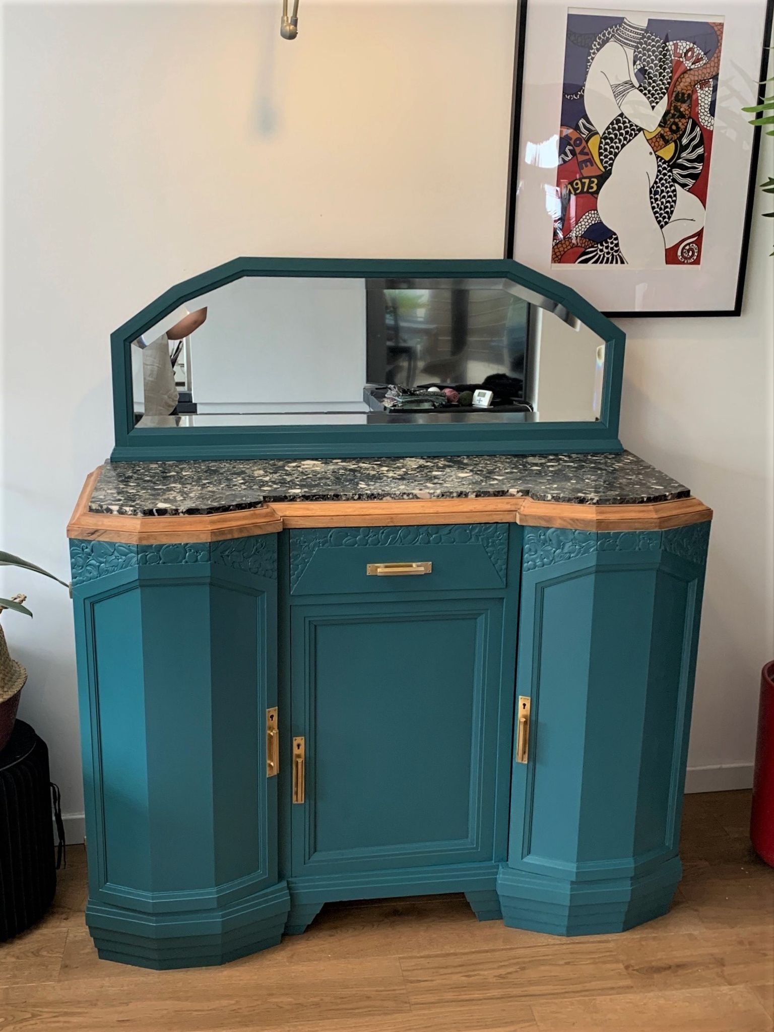 Art deco sideboard restyled blue green duck, marble top, brass handles, vintage shabby chic