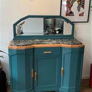 Art deco sideboard restyled blue green duck, marble top, brass handles, vintage shabby chic