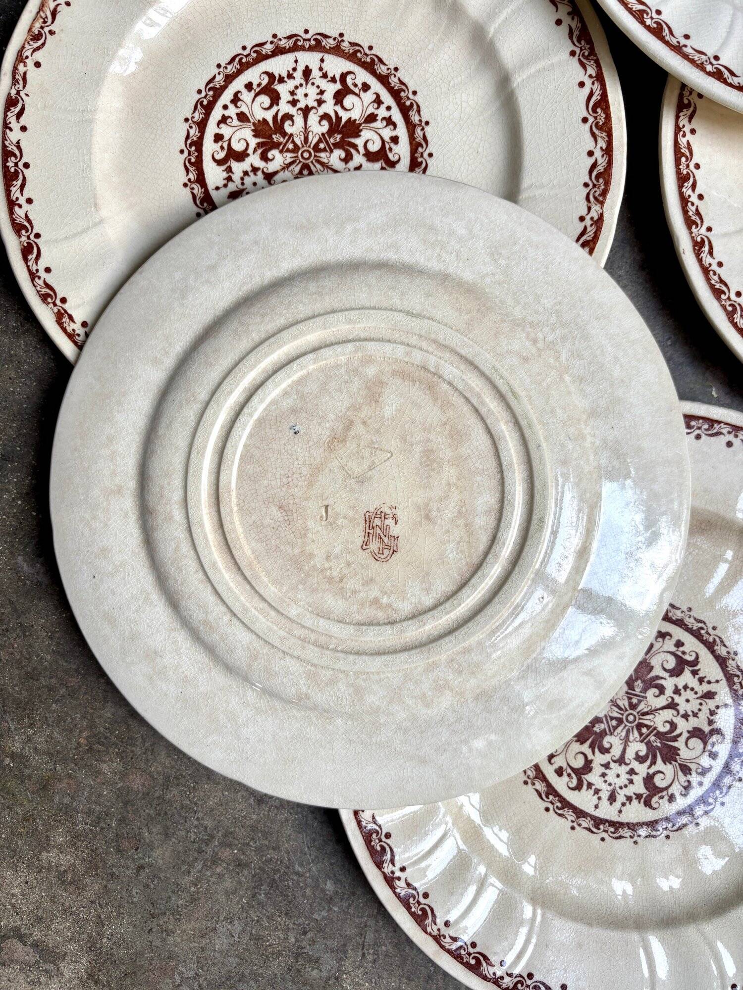 6 Gien dessert plates in ecru and brown ironstone