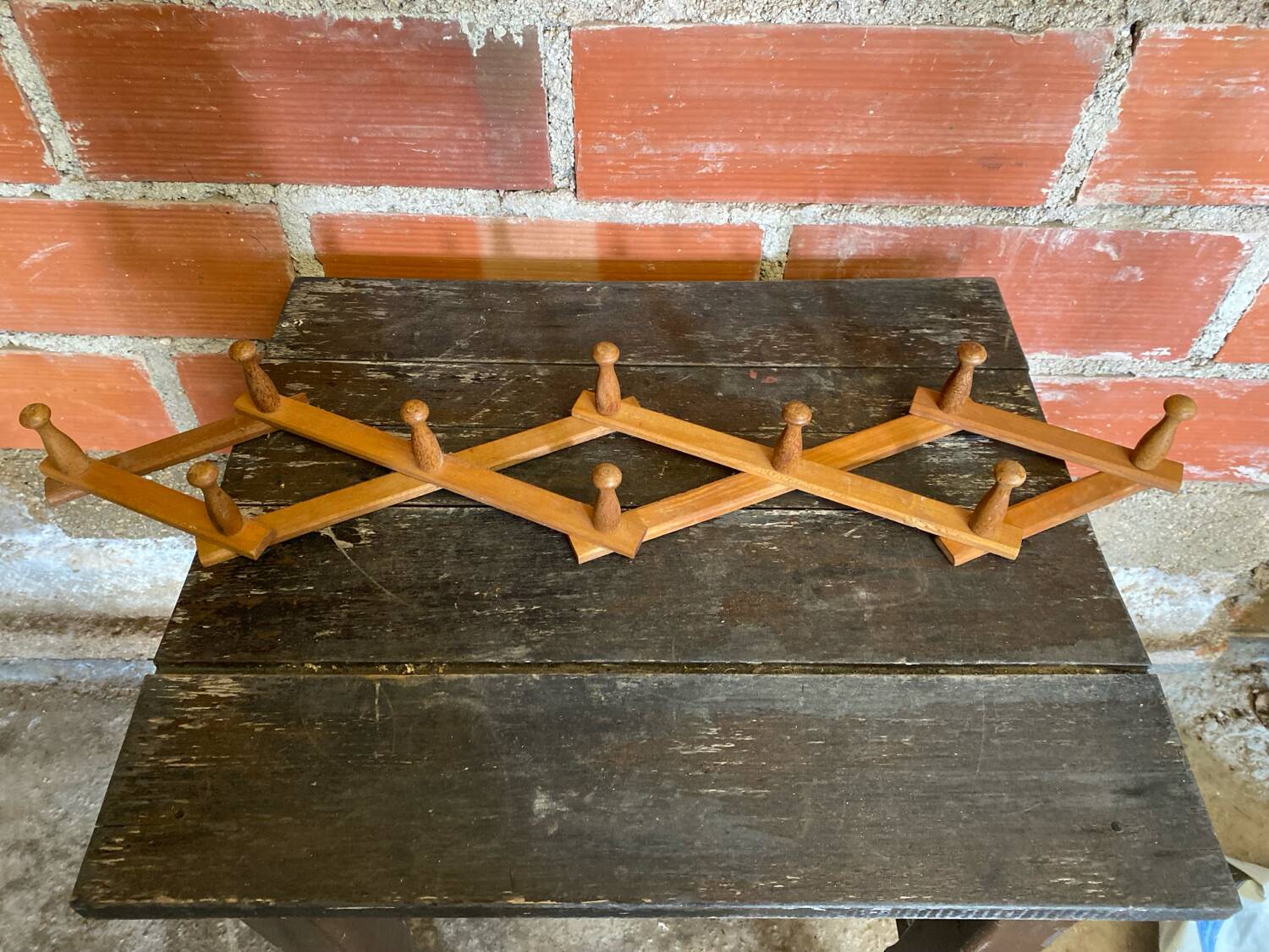Vintage Wall-Mounted Extendable Coat Rack x10 Wooden Hooks
