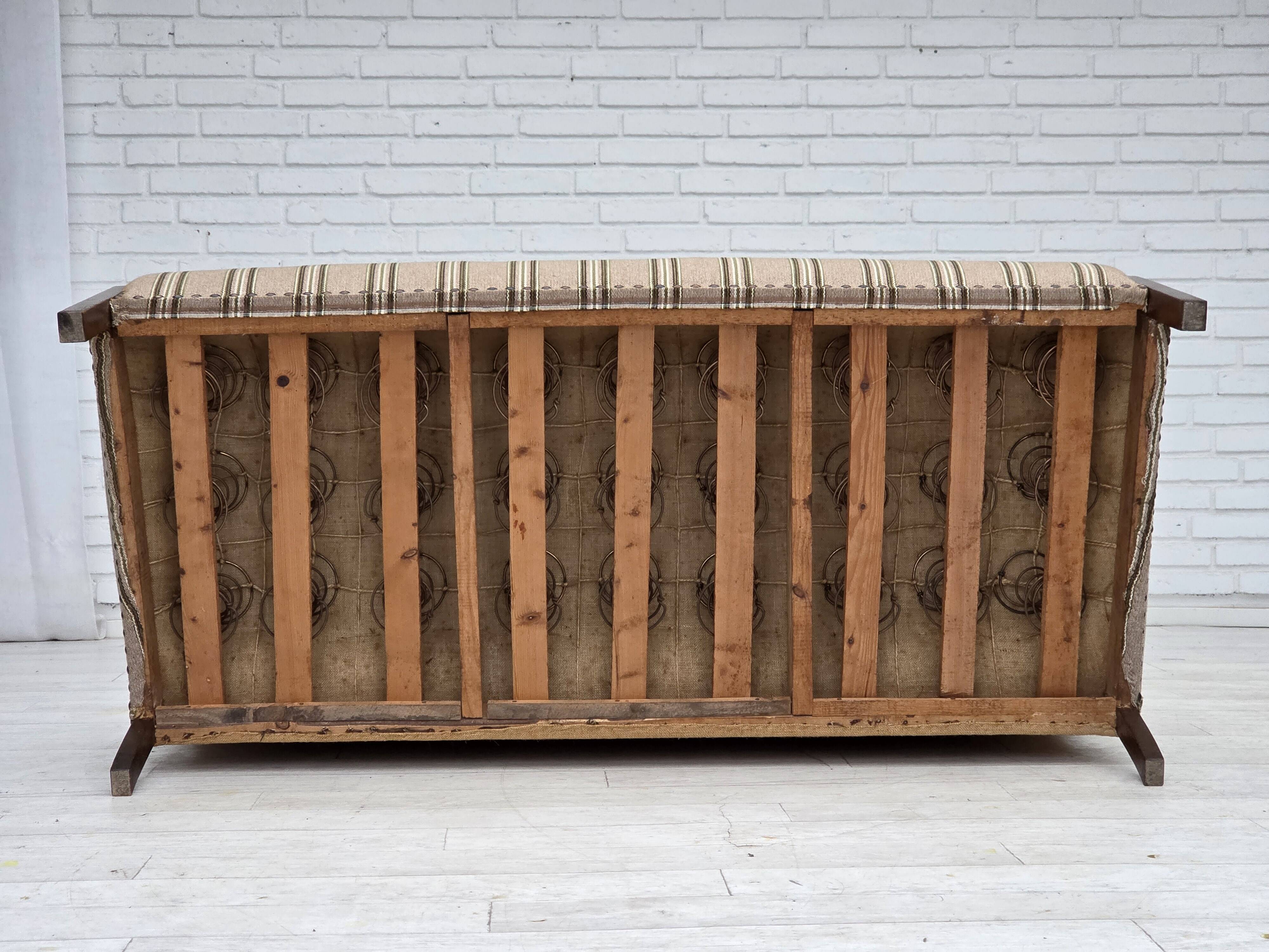 1950s, Danish 2-seater sofa, beige furniture wool fabric, beech wood legs.