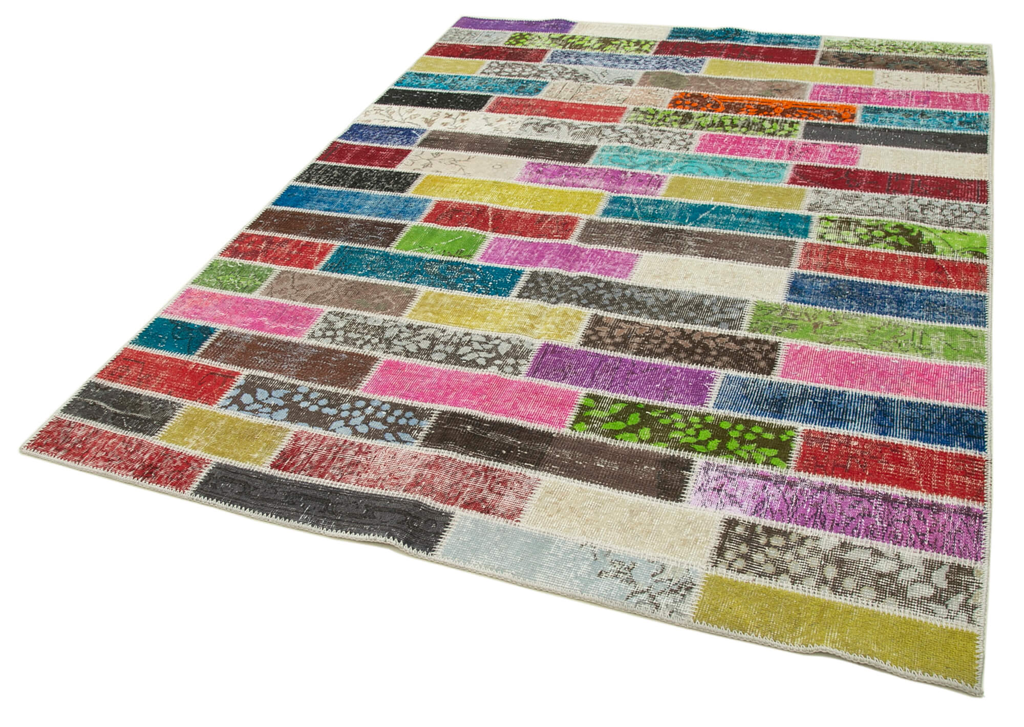 Handmade anatolian overdyed 176 cm x 227 cm multicolor patchwork carpet